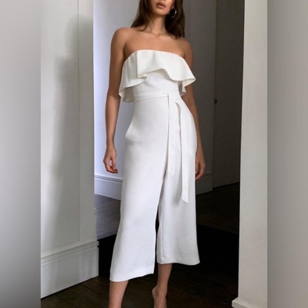 Aritzia White Strapless Ruffle Jumpsuit